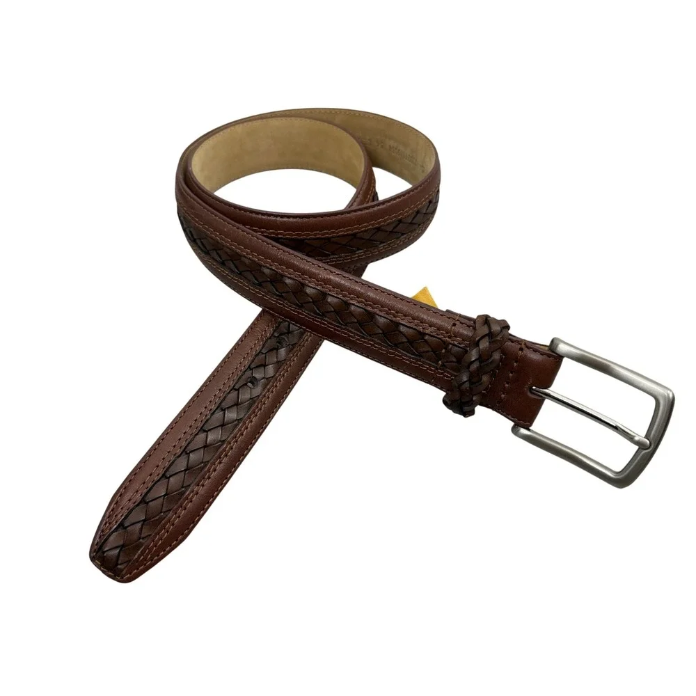 Tommy Bahama Belt Mens 34 Brown Woven Inlay Leather Casual Dress Silver Buckle